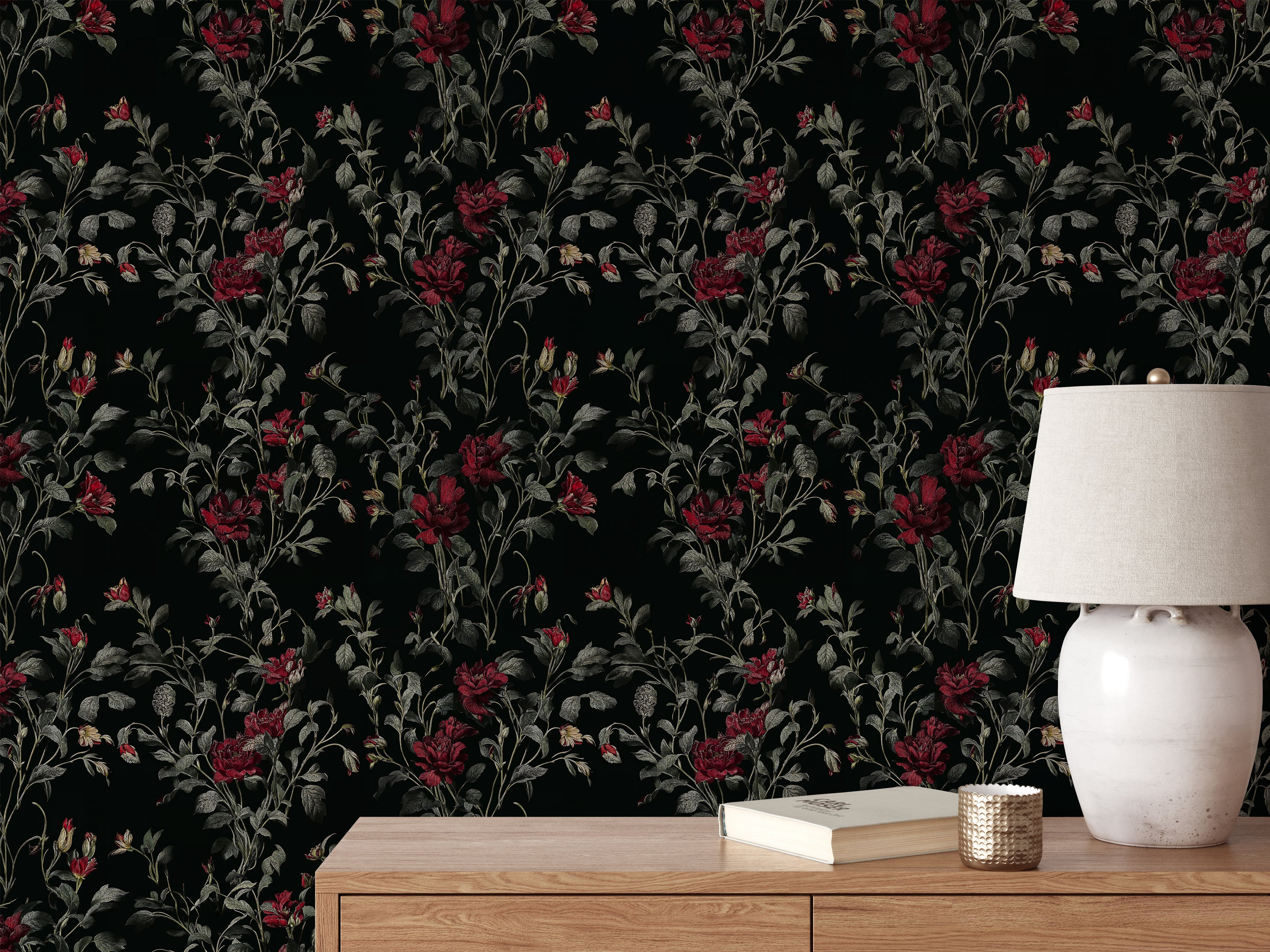 Dark Botanical Garden Peel and Stick Wallpaper, Vintage Dark Floral Wallpaper, Moody Forest Botanical Wallpaper, Red Flowers Wallpaper Mural