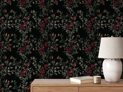 Dark Botanical Garden Peel and Stick Wallpaper, Vintage Dark Floral Wallpaper, Moody Forest Botanical Wallpaper, Red Flowers Wallpaper Mural