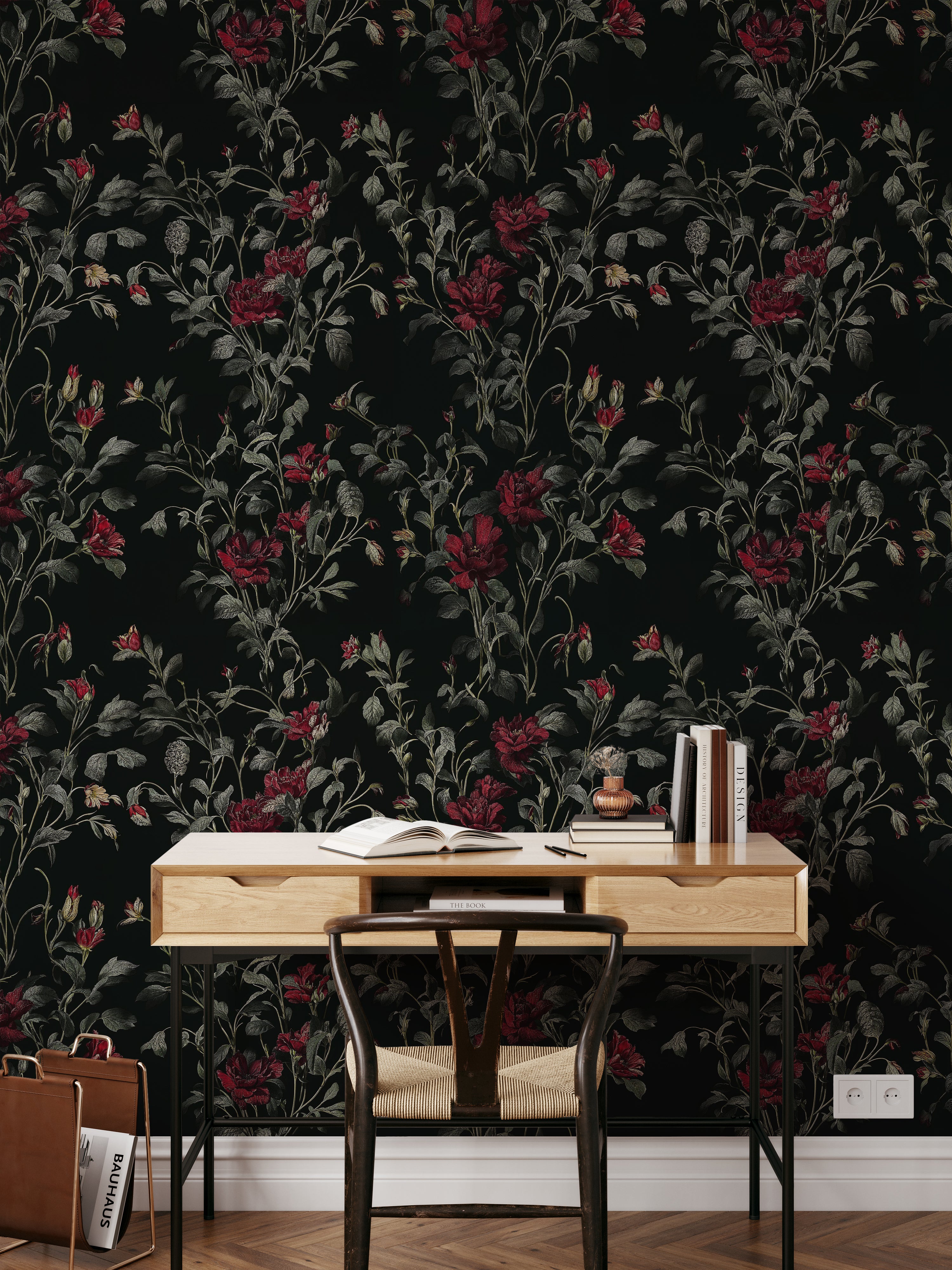 Dark Botanical Garden Peel and Stick Wallpaper, Vintage Dark Floral Wallpaper, Moody Forest Botanical Wallpaper, Red Flowers Wallpaper Mural