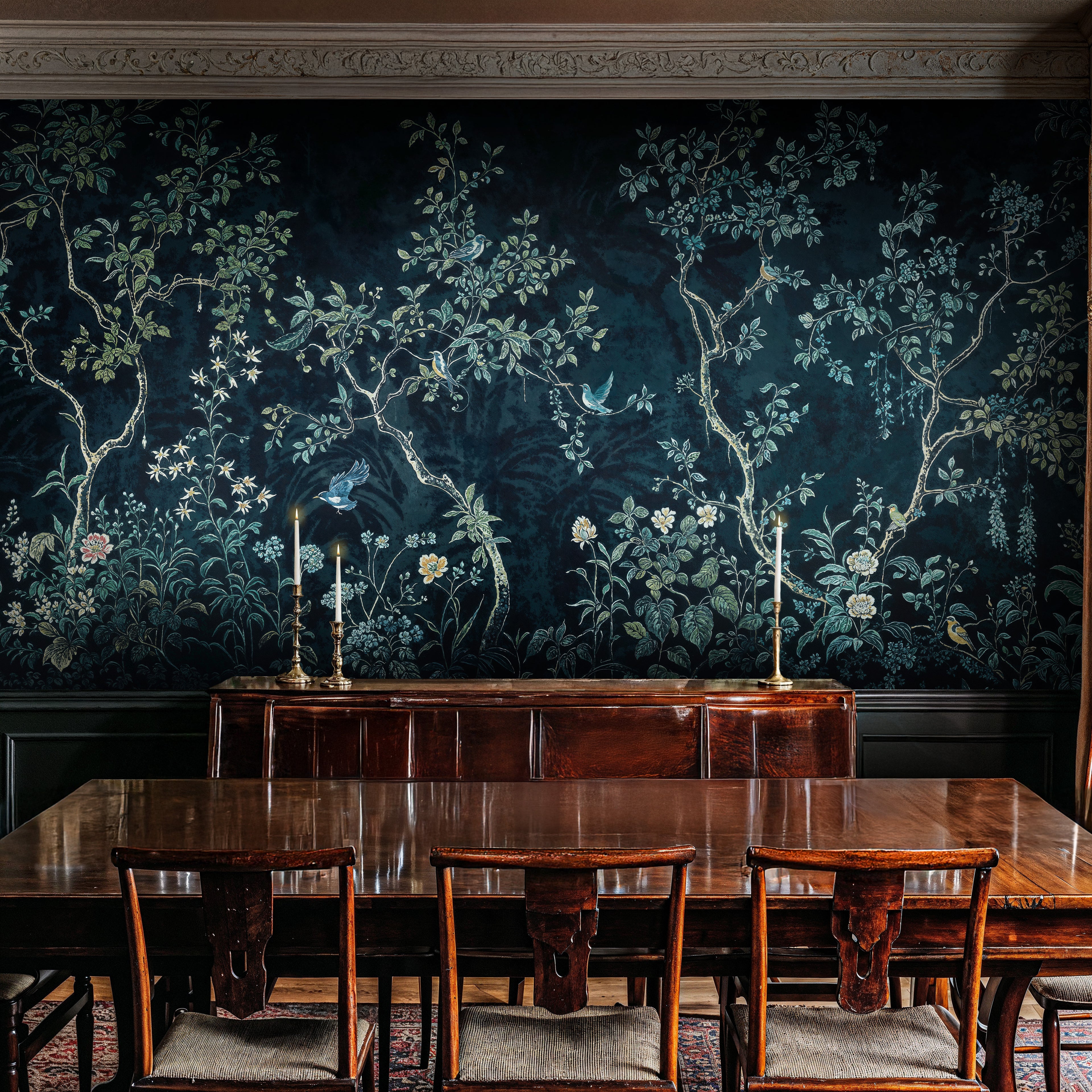 Navy Blue Chinoiserie Peel and Stick Wallpaper, Cherry Blossom Chinoiserie Murals, Vintage Chinoiserie Floral Bird Wallpaper Mural