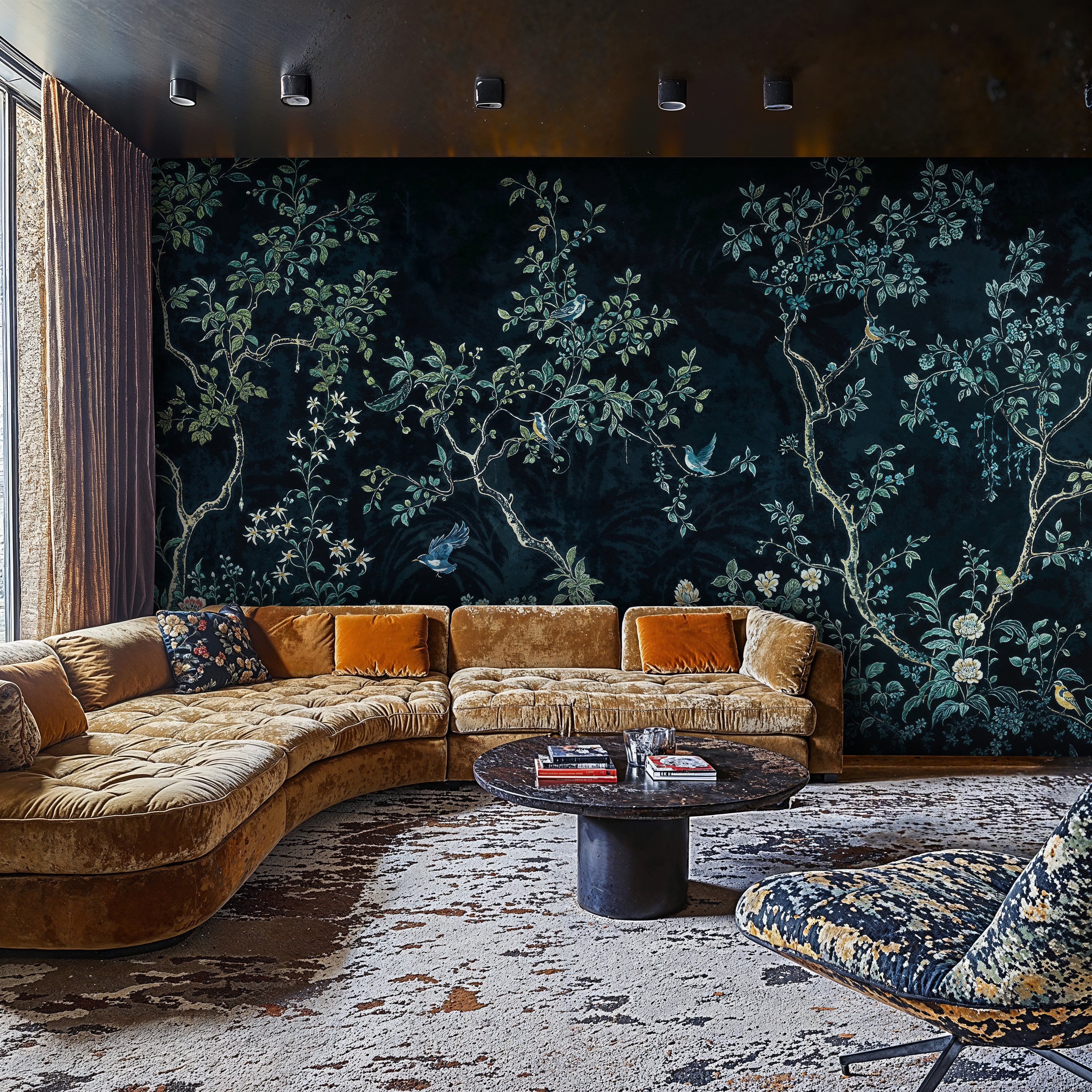 Navy Blue Chinoiserie Peel and Stick Wallpaper, Cherry Blossom Chinoiserie Murals, Vintage Chinoiserie Floral Bird Wallpaper Mural