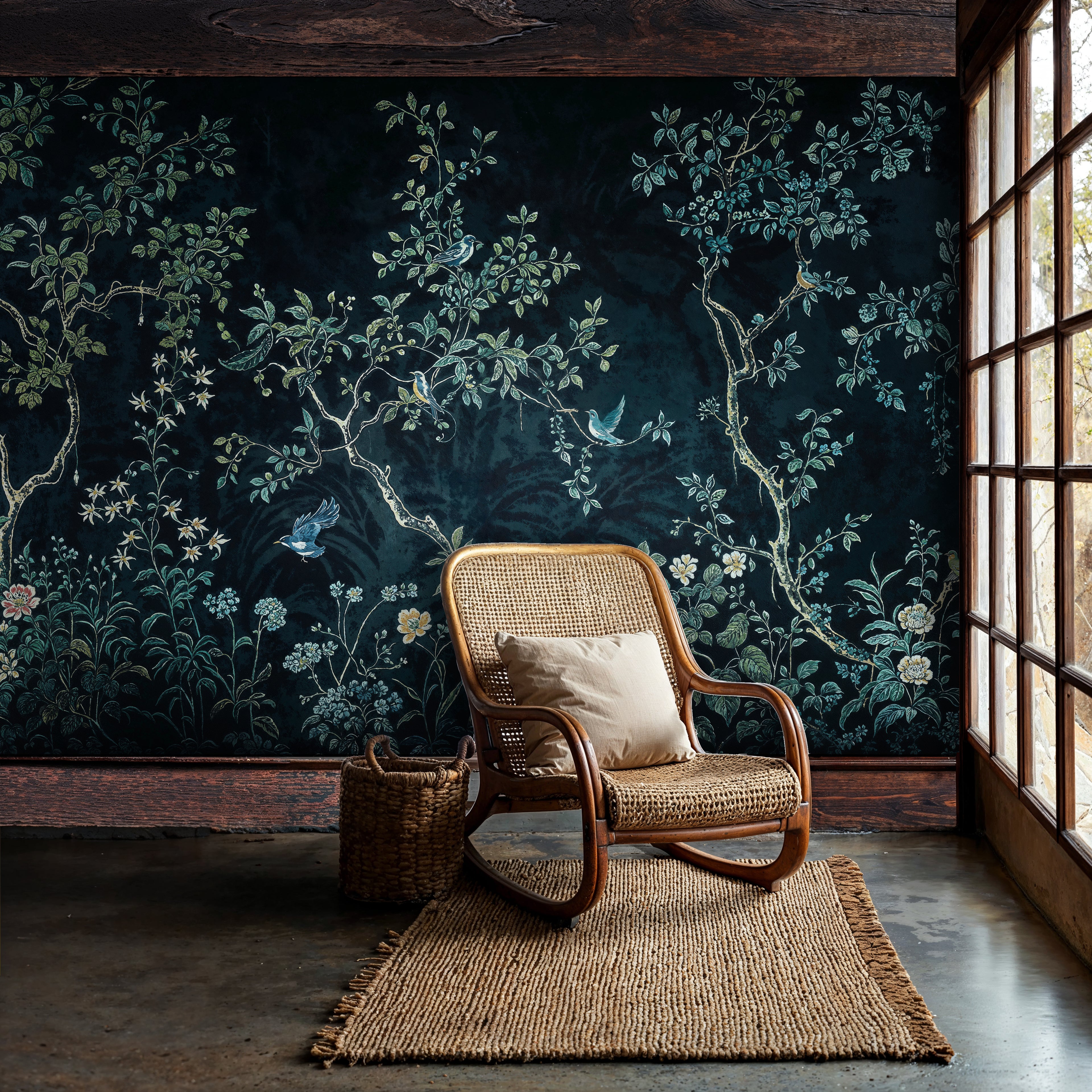 Navy Blue Chinoiserie Peel and Stick Wallpaper, Cherry Blossom Chinoiserie Murals, Vintage Chinoiserie Floral Bird Wallpaper Mural