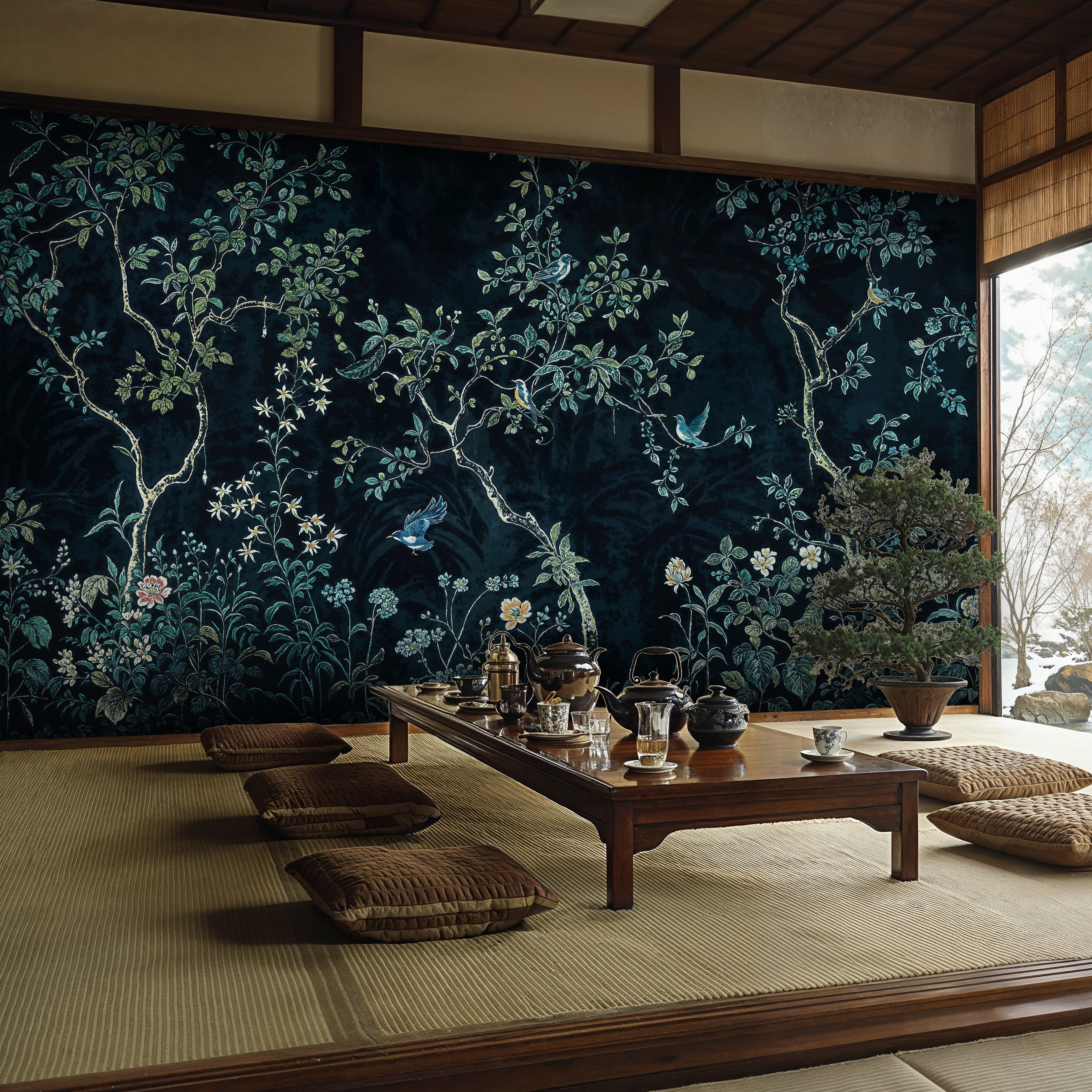 Navy Blue Chinoiserie Peel and Stick Wallpaper, Cherry Blossom Chinoiserie Murals, Vintage Chinoiserie Floral Bird Wallpaper Mural