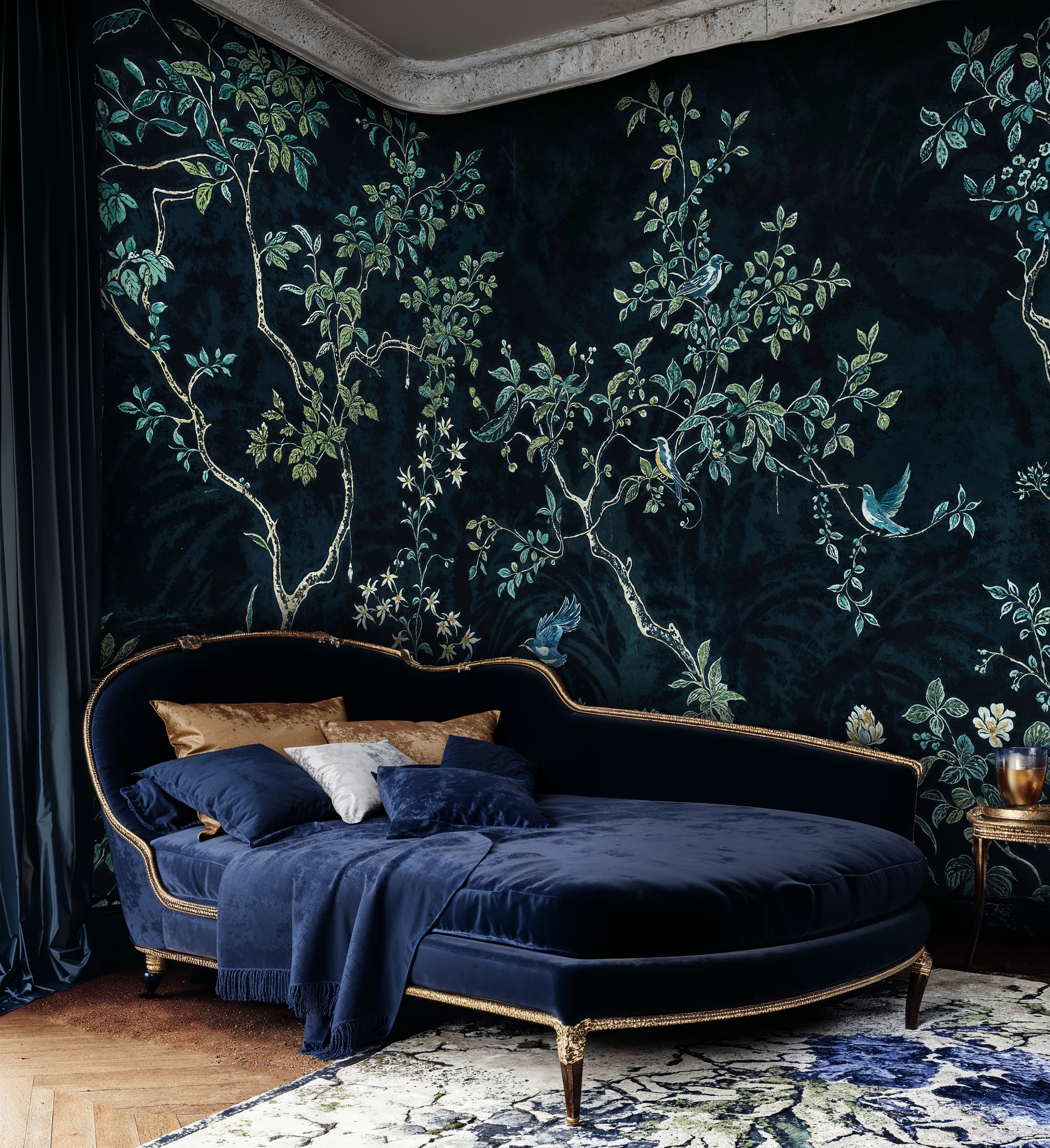 Navy Blue Chinoiserie Peel and Stick Wallpaper, Cherry Blossom Chinoiserie Murals, Vintage Chinoiserie Floral Bird Wallpaper Mural