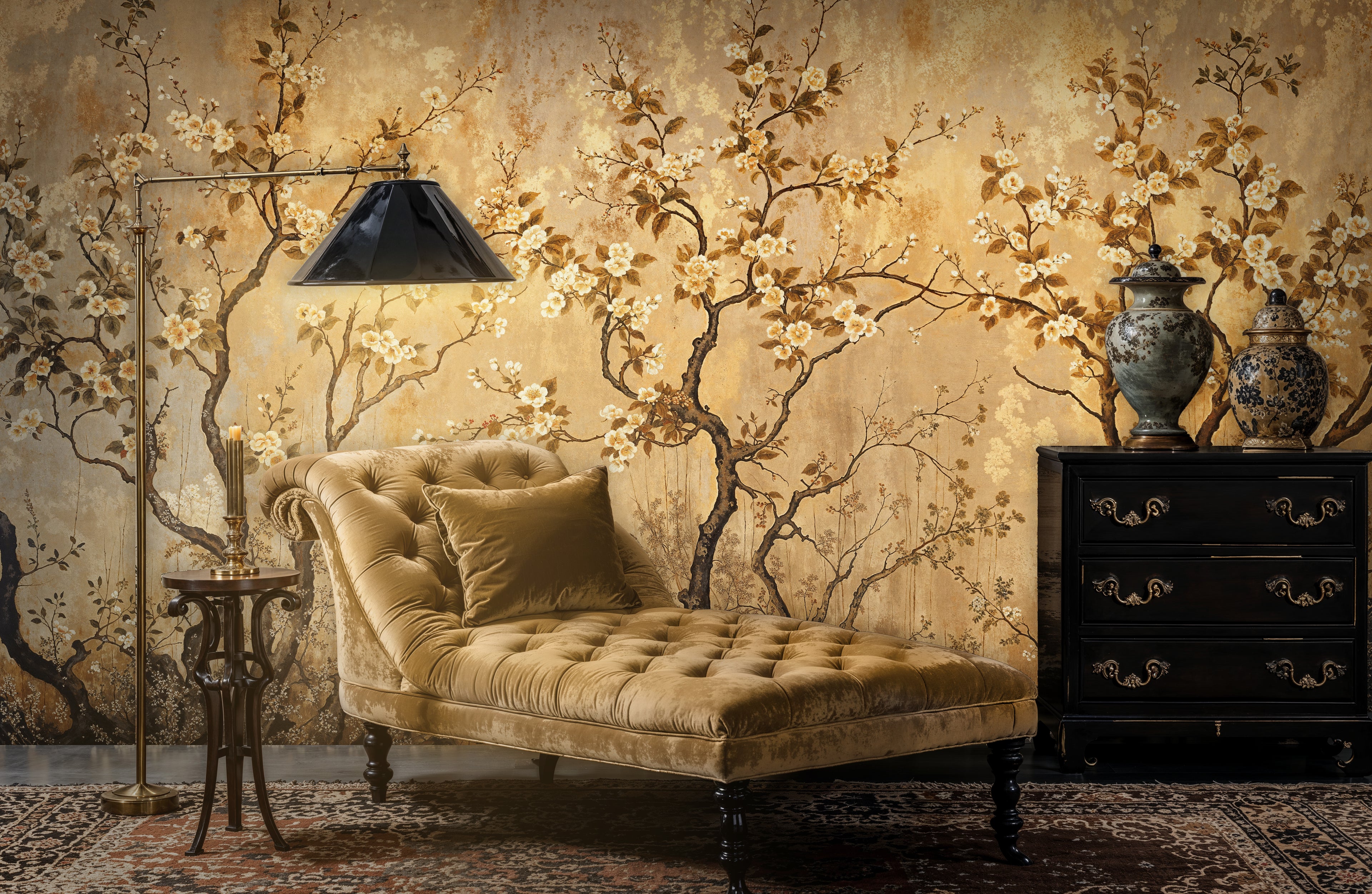 Gold Chinoiserie Cherry Blossom Peel and Stick Wallpaper, Vintage Chinoiserie Floral Wall Mural, Luxury Asian Tree and Flowers Wallpaper