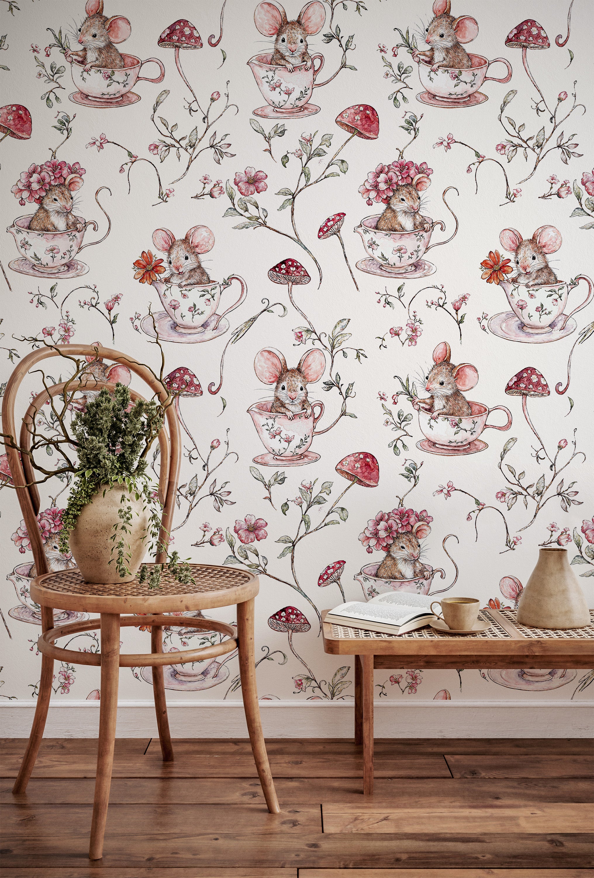 Vintage Mushroom Woodland Peel and Stick Wallpaper, Whimsical Mouse Kids and Nursery Room Wallpaper Mural, Baby Girl Watercolor Wallpaper