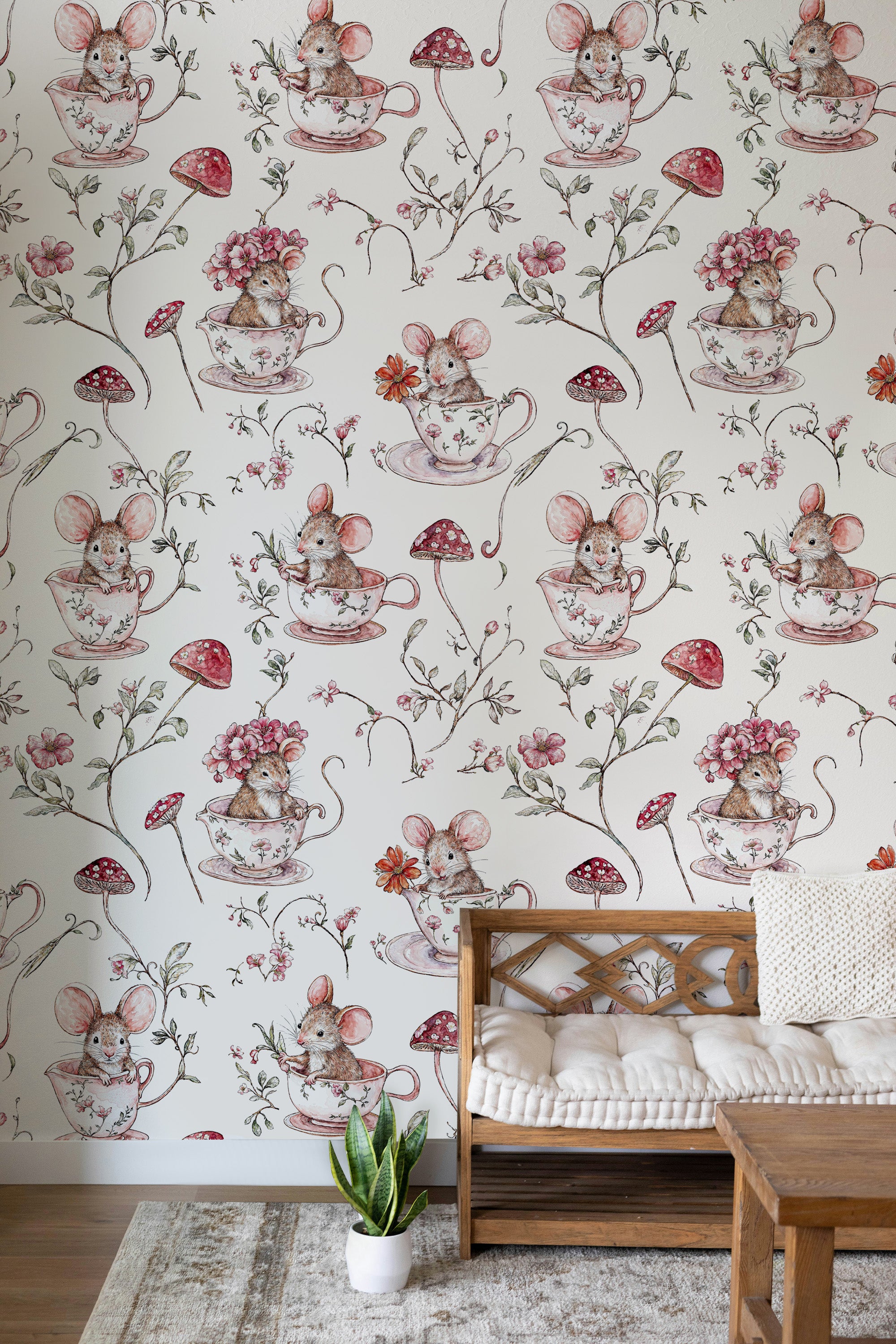 Vintage Mushroom Woodland Peel and Stick Wallpaper, Whimsical Mouse Kids and Nursery Room Wallpaper Mural, Baby Girl Watercolor Wallpaper