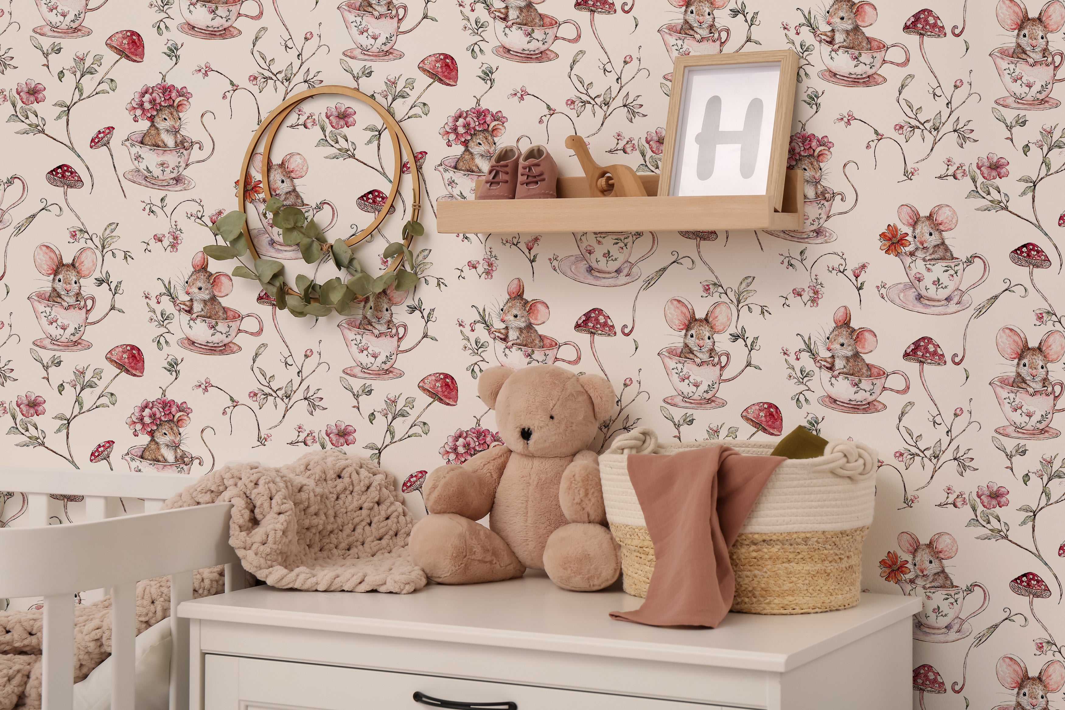 Vintage Mushroom Woodland Peel and Stick Wallpaper, Whimsical Mouse Kids and Nursery Room Wallpaper Mural, Baby Girl Watercolor Wallpaper