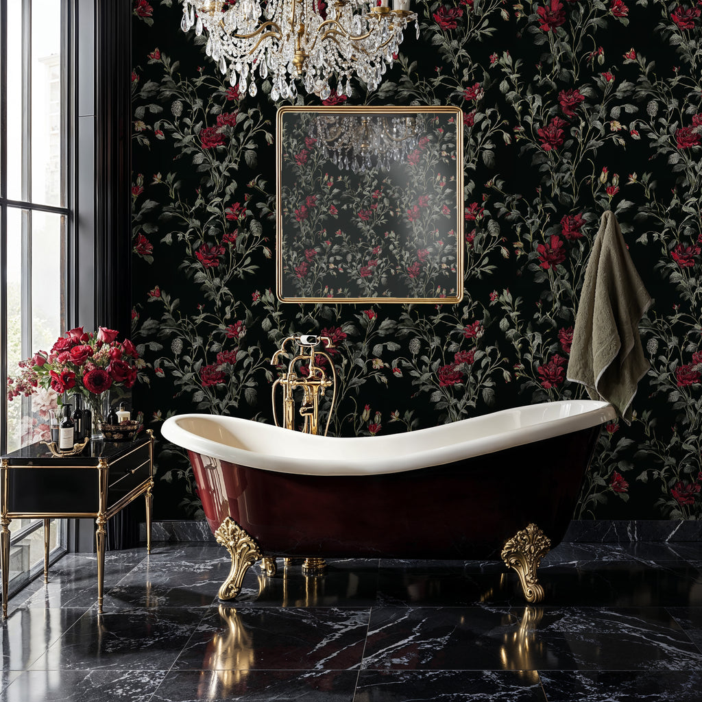 Dark Botanical Garden Peel and Stick Wallpaper, Vintage Dark Floral Wallpaper, Moody Forest Botanical Wallpaper, Red Flowers Wallpaper Mural