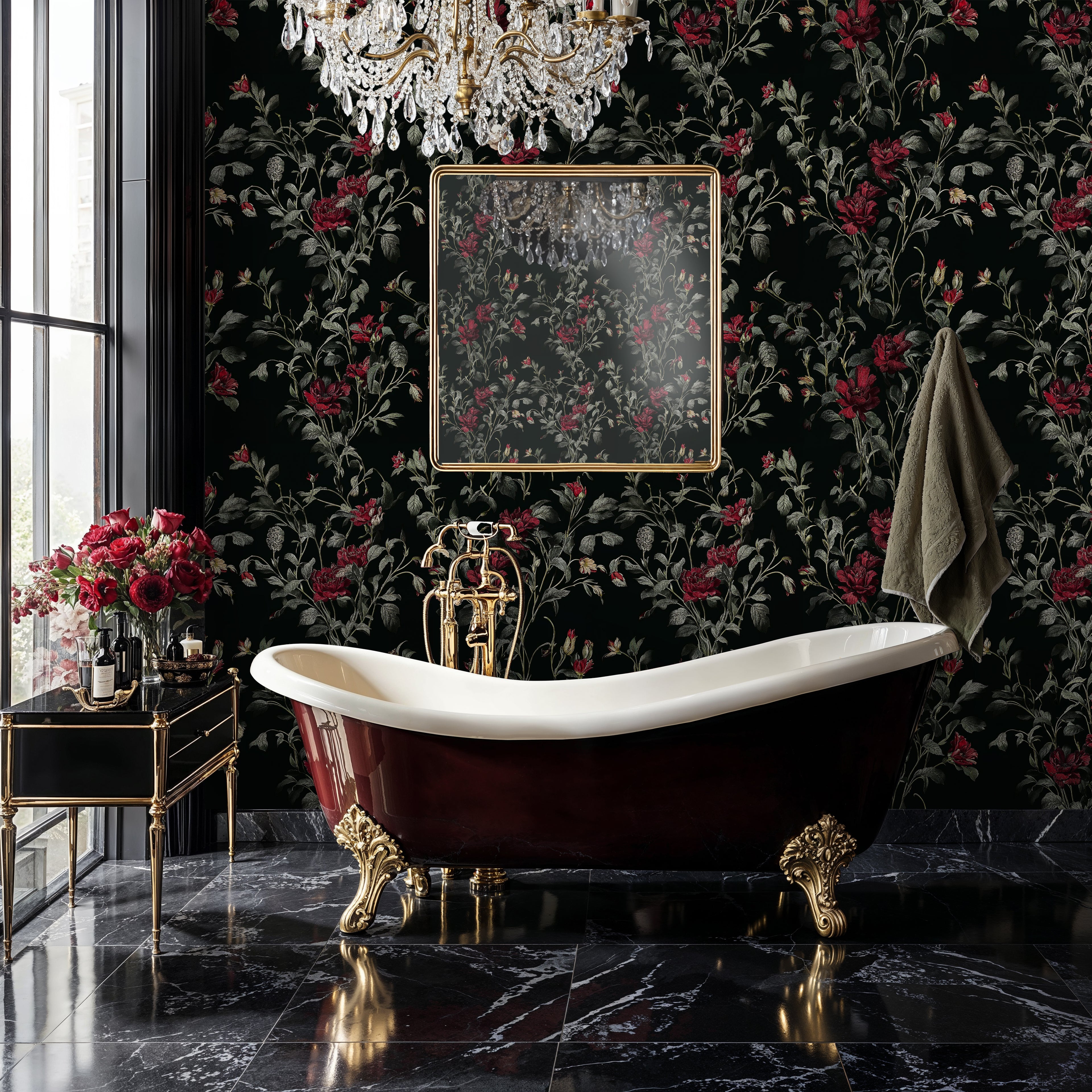 Dark Botanical Garden Peel and Stick Wallpaper, Vintage Dark Floral Wallpaper, Moody Forest Botanical Wallpaper, Red Flowers Wallpaper Mural