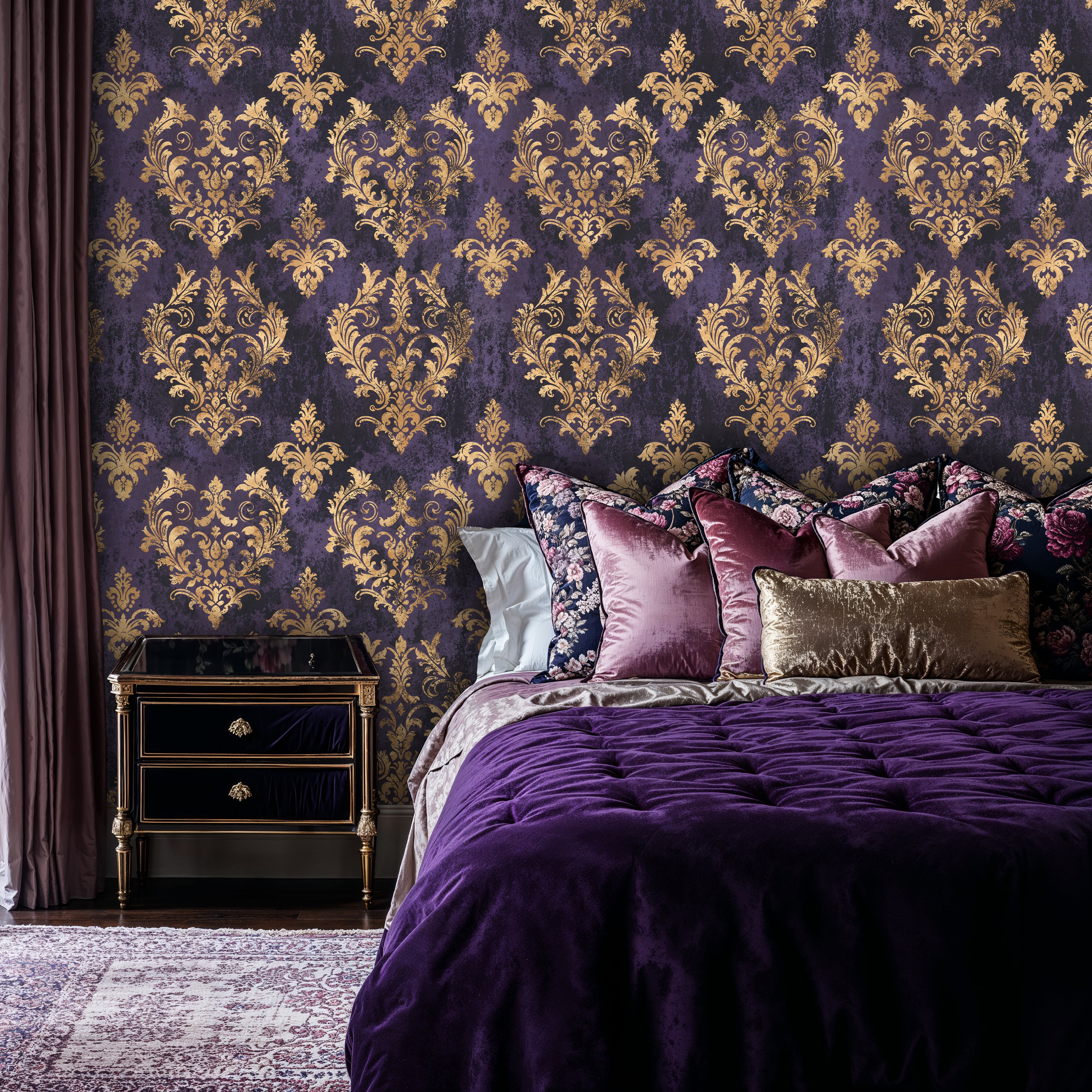 Purple and Gold Damask Peel and Stick Wallpaper, Luxury Victorian Mural