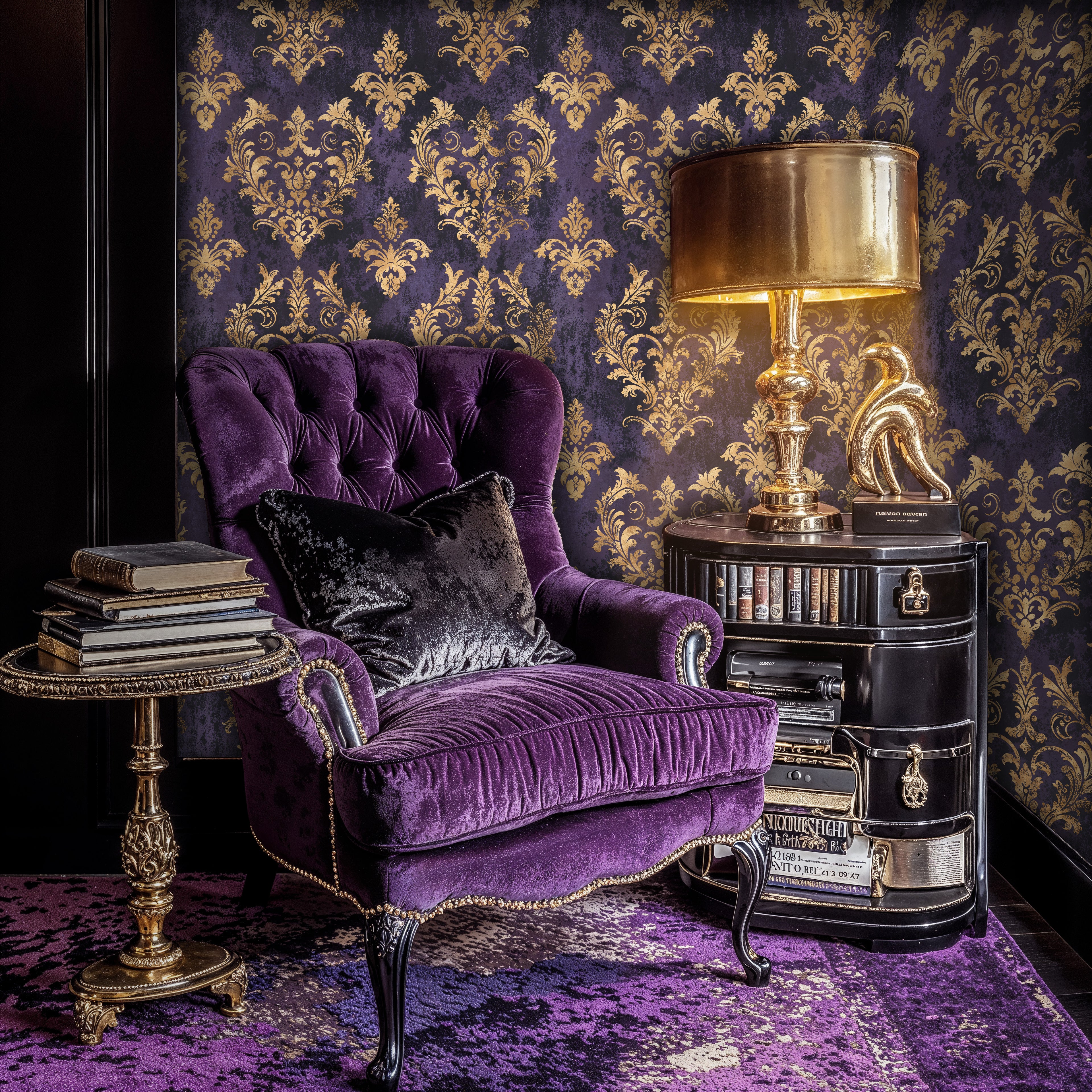 Purple and Gold Damask Peel and Stick Wallpaper, Luxury Victorian Mural
