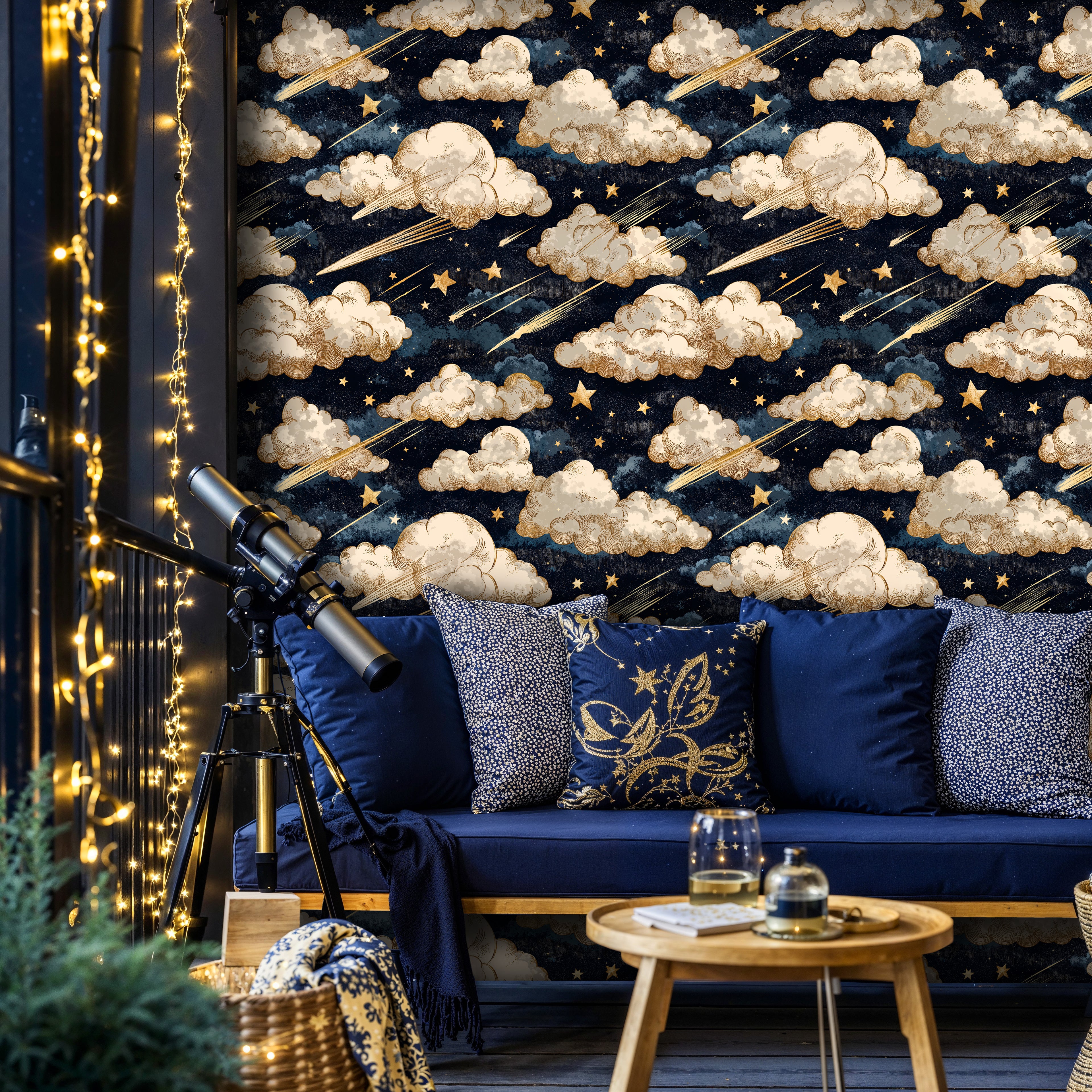 Celestial Clouds and Stars Peel and Stick Wallpaper: Navy Starry Night
