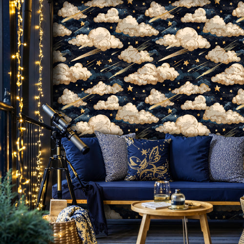 Celestial Clouds and Stars Peel and Stick Wallpaper: Navy Starry Night