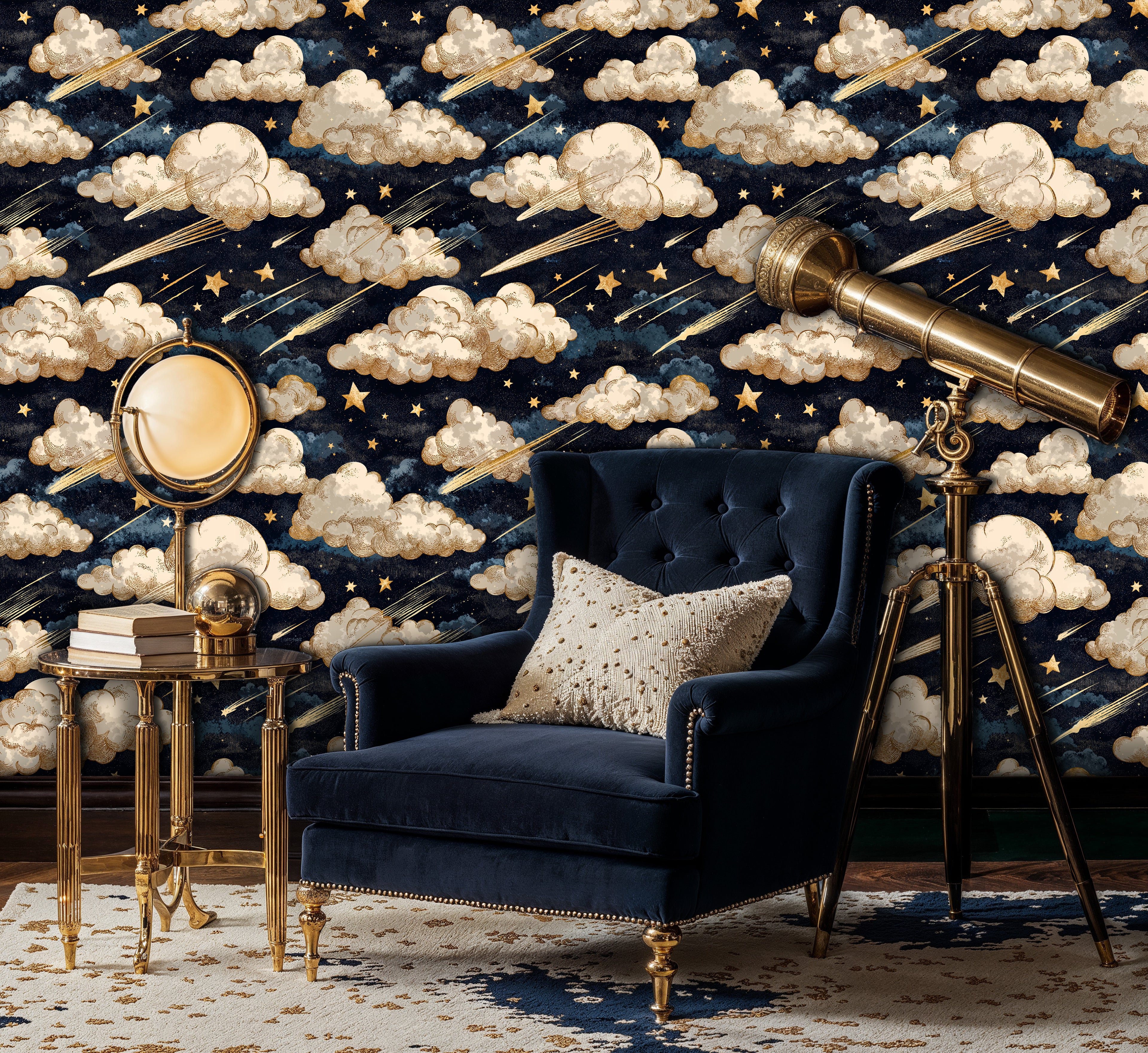 Celestial Clouds and Stars Peel and Stick Wallpaper: Navy Starry Night