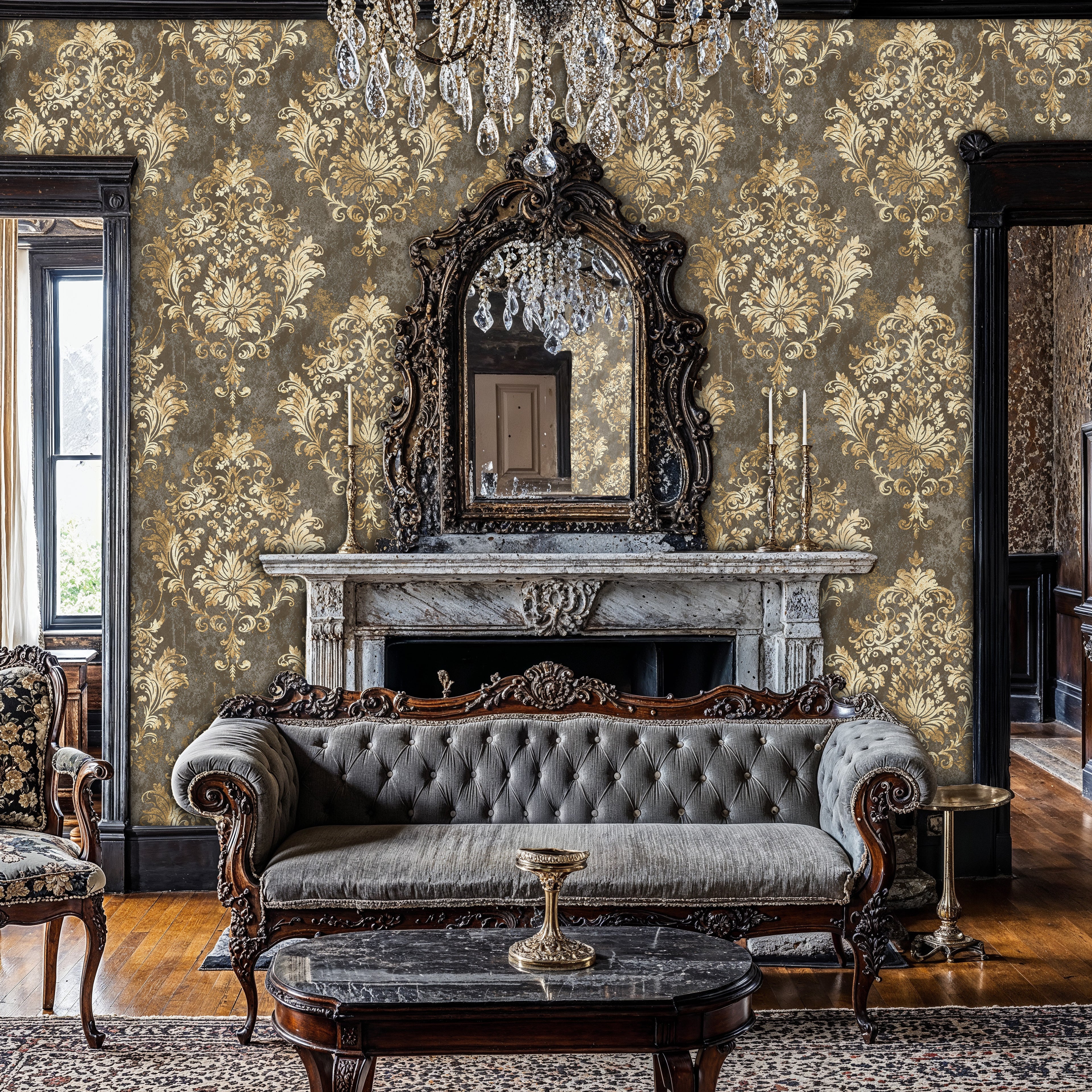 Gold Luxury Damask Peel and Stick Wallpaper, Traditional Elegant Damask Wallpaper, Vintage Art Deco Wall Mural, Royal Victorian Wallpaper