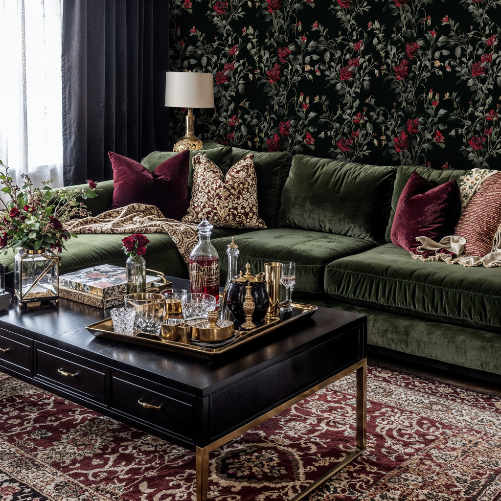 Dark Botanical Garden Peel and Stick Wallpaper, Vintage Dark Floral Wallpaper, Moody Forest Botanical Wallpaper, Red Flowers Wallpaper Mural