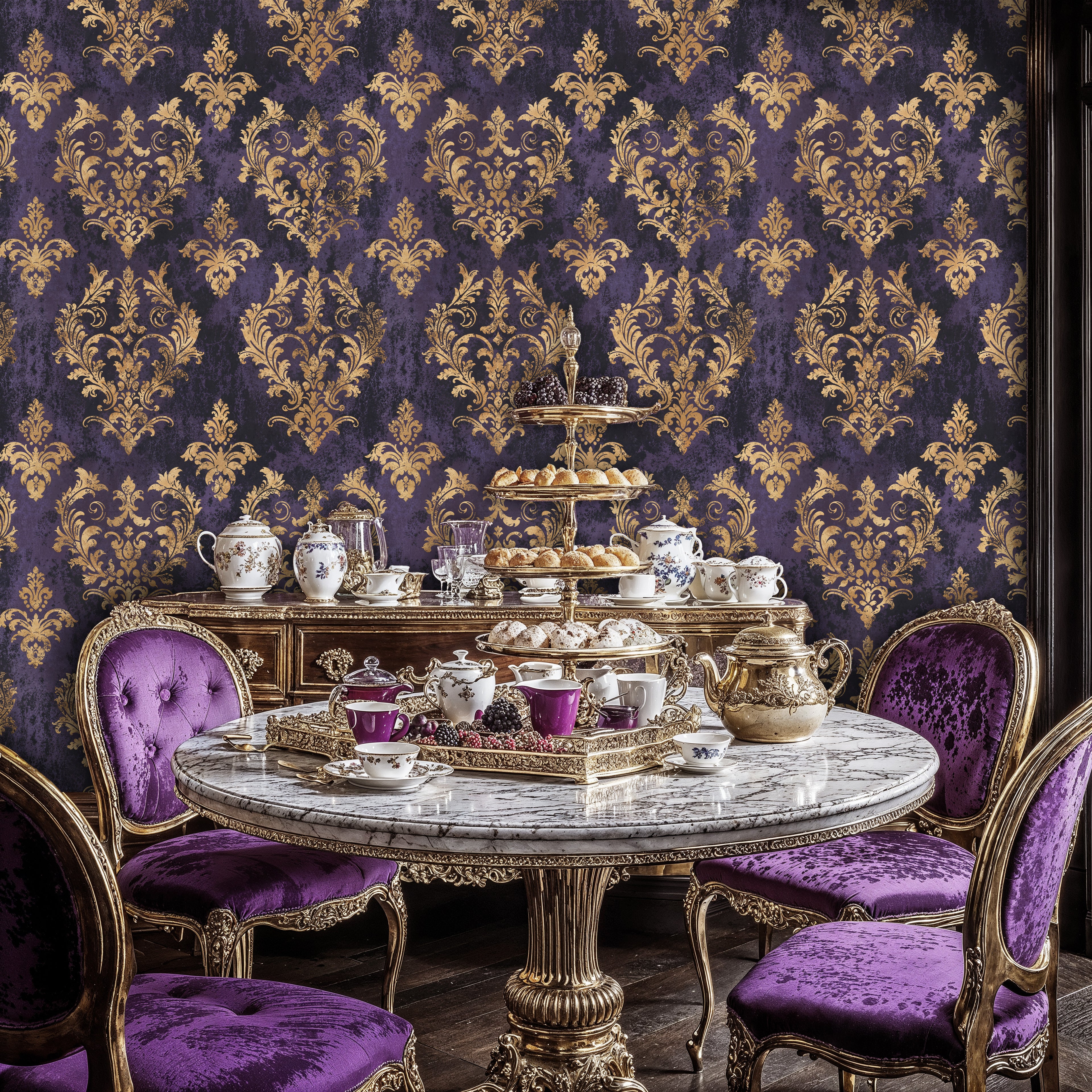Purple and Gold Damask Peel and Stick Wallpaper, Luxury Victorian Mural