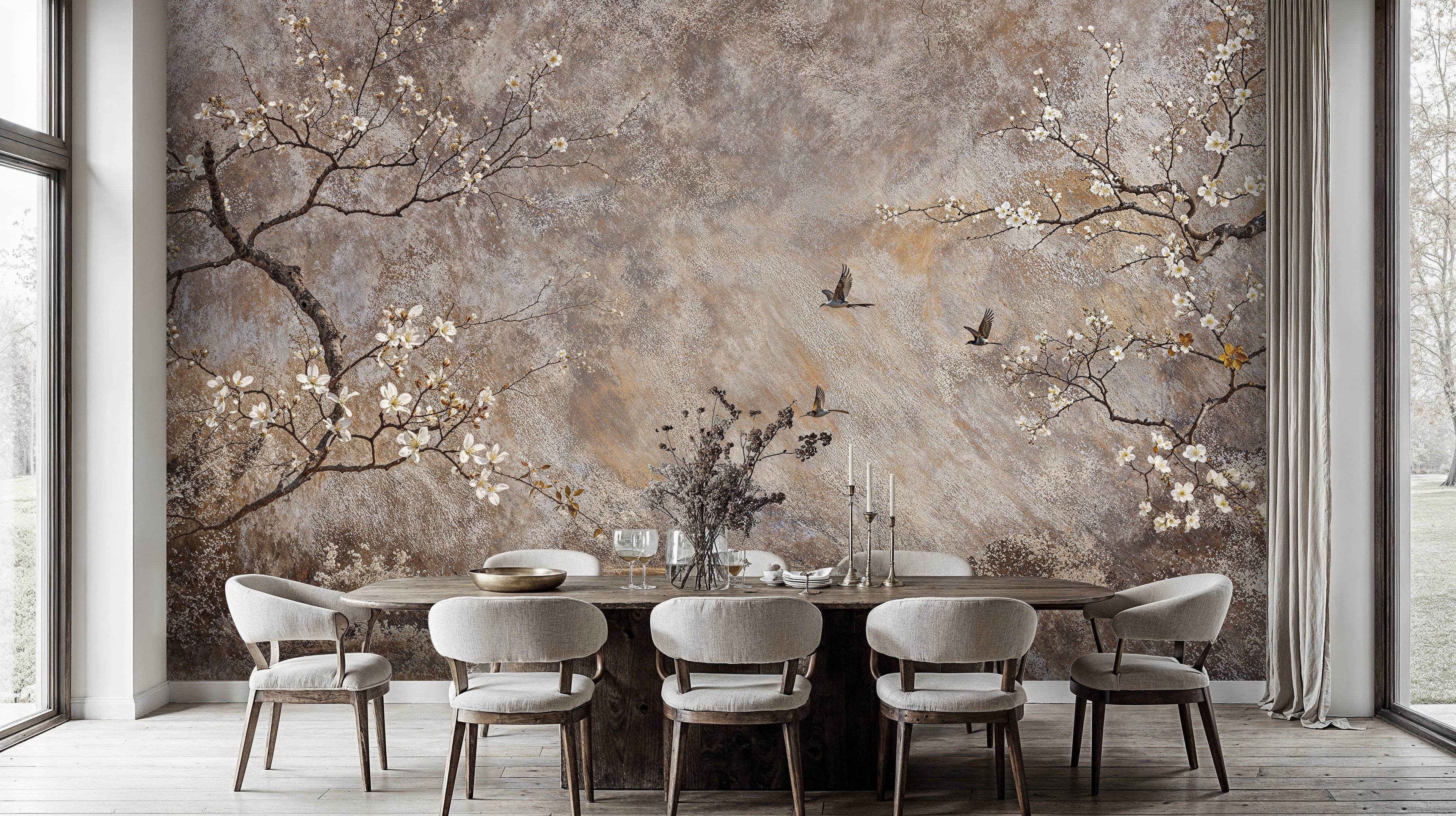 Vintage Luxury Chinoiserie Wallpaper Mural, Beige Floral Chinoiserie Wall Mural, Cherry Blossom Peel and Stick Wallpaper, Tree Wall Mural