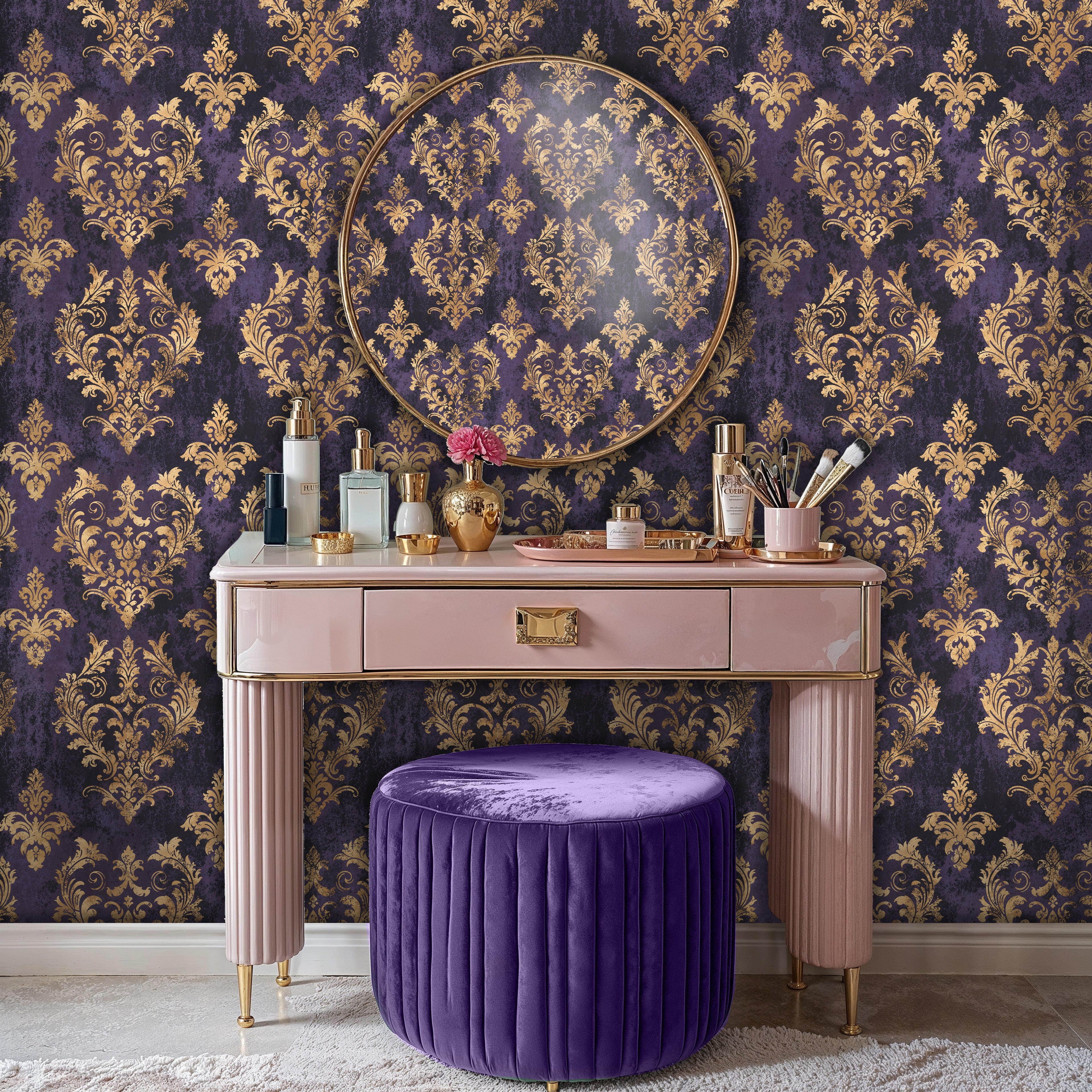 Purple and Gold Damask Peel and Stick Wallpaper, Luxury Victorian Mural
