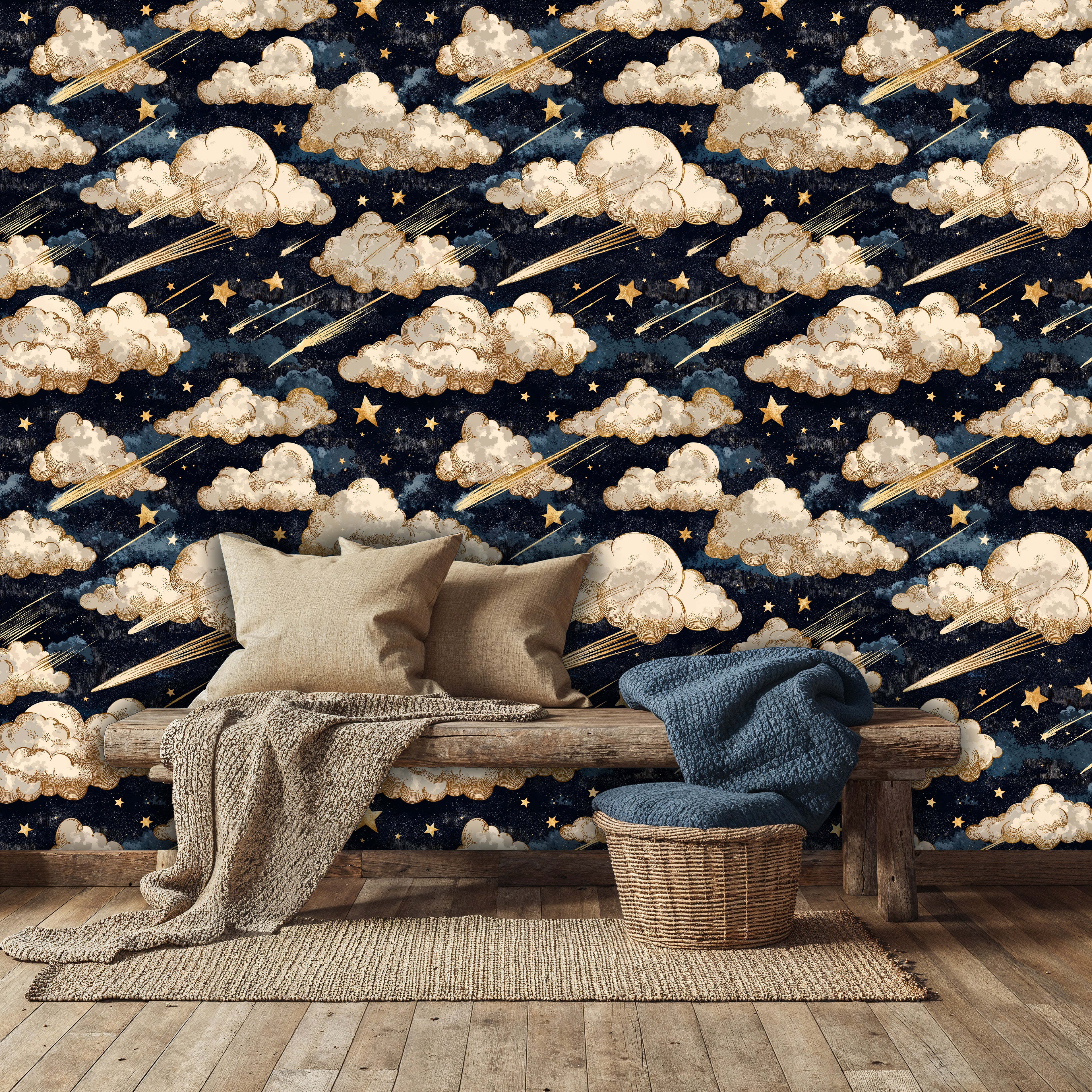 Celestial Clouds and Stars Peel and Stick Wallpaper: Navy Starry Night