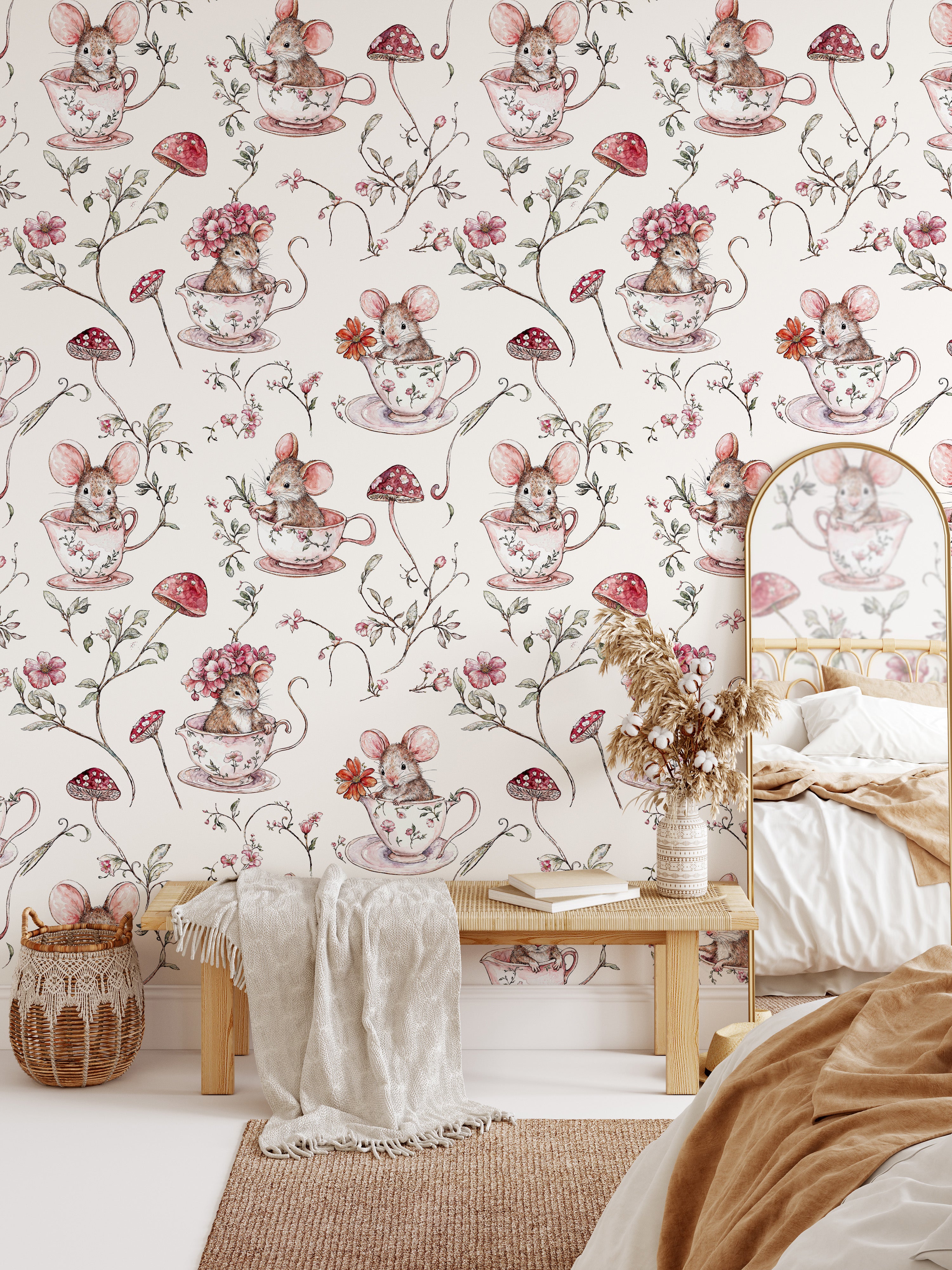 Vintage Mushroom Woodland Peel and Stick Wallpaper, Whimsical Mouse Kids and Nursery Room Wallpaper Mural, Baby Girl Watercolor Wallpaper