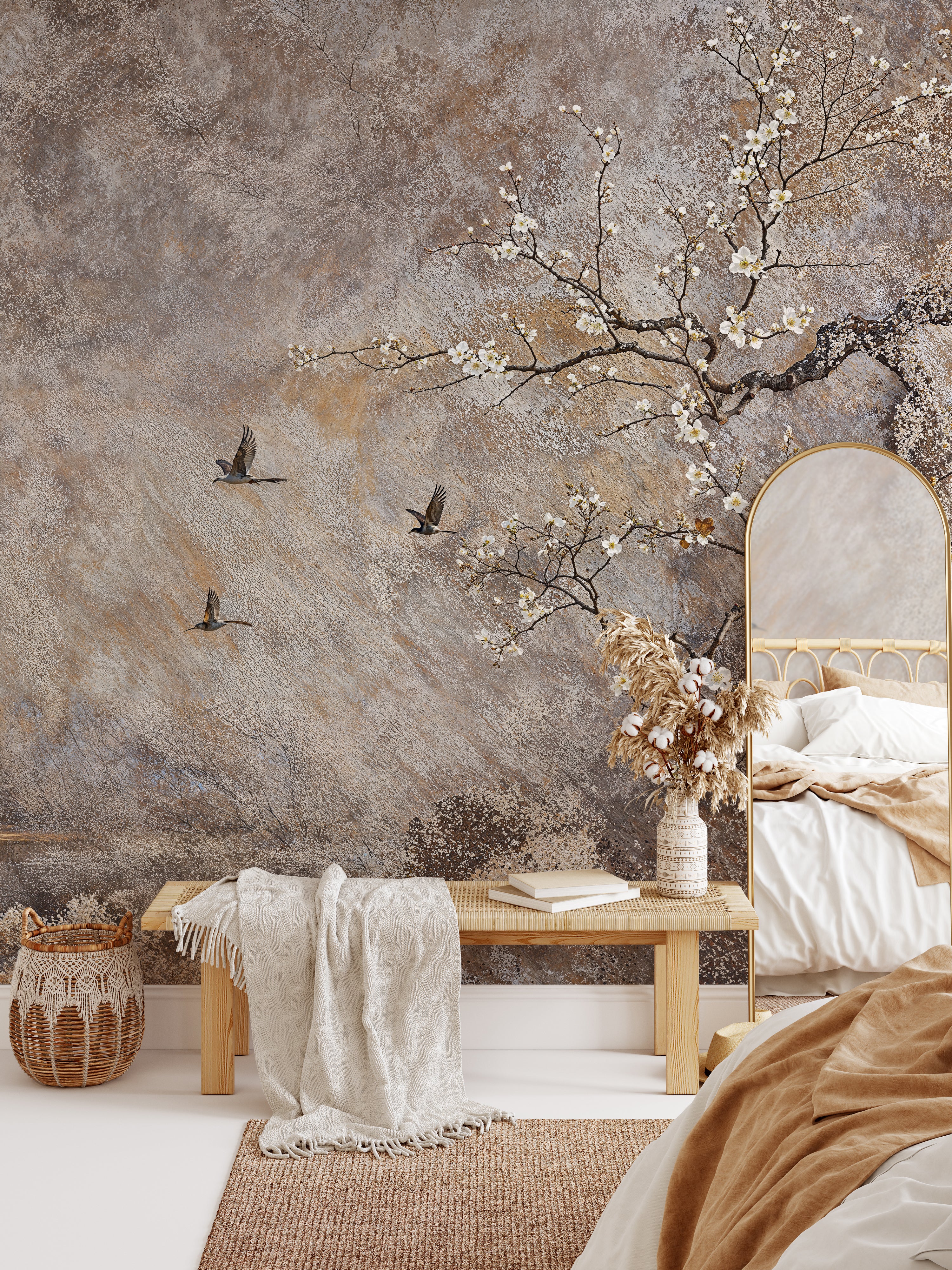 Vintage Luxury Chinoiserie Wallpaper Mural, Beige Floral Chinoiserie Wall Mural, Cherry Blossom Peel and Stick Wallpaper, Tree Wall Mural