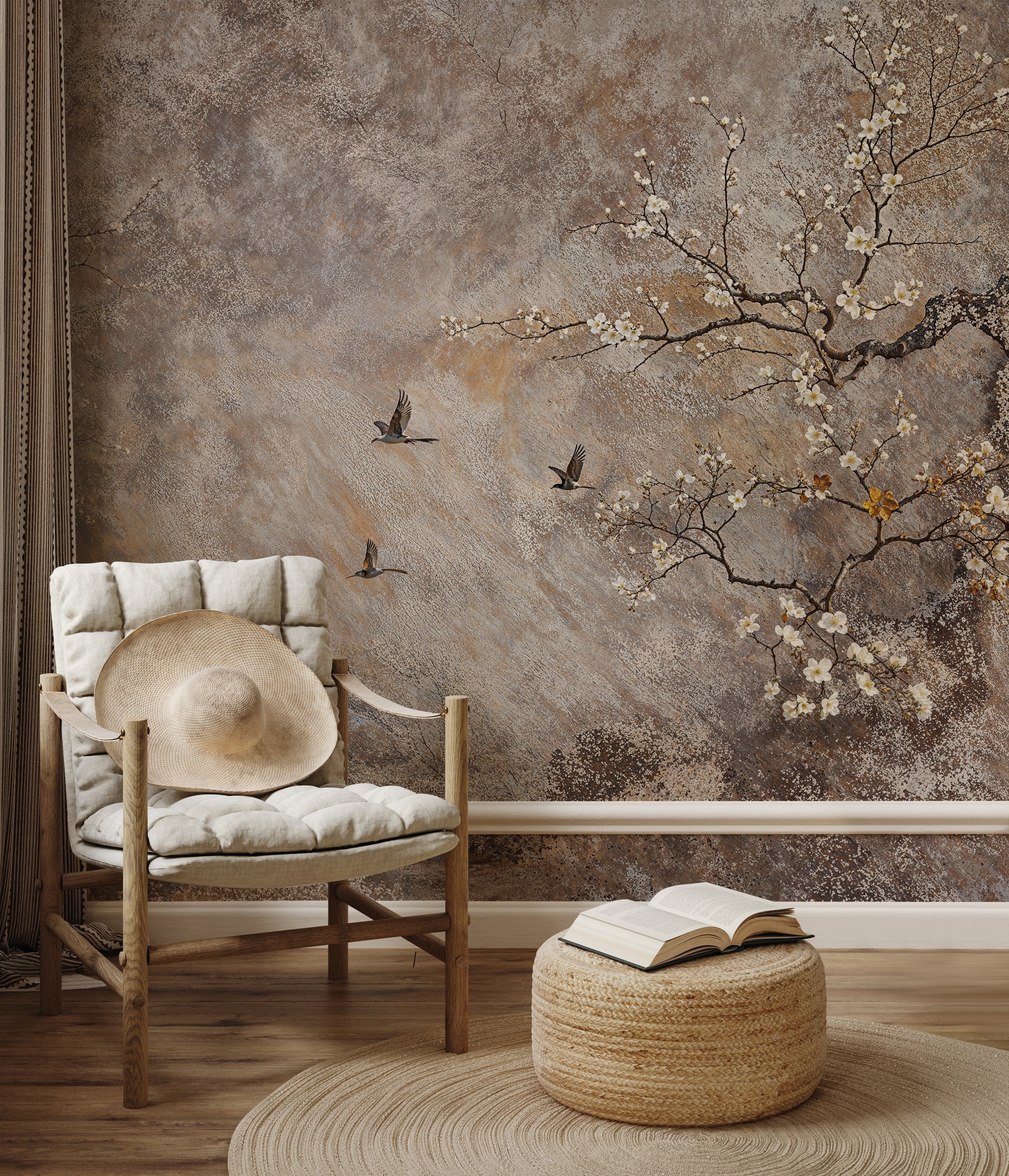 Vintage Luxury Chinoiserie Wallpaper Mural, Beige Floral Chinoiserie Wall Mural, Cherry Blossom Peel and Stick Wallpaper, Tree Wall Mural