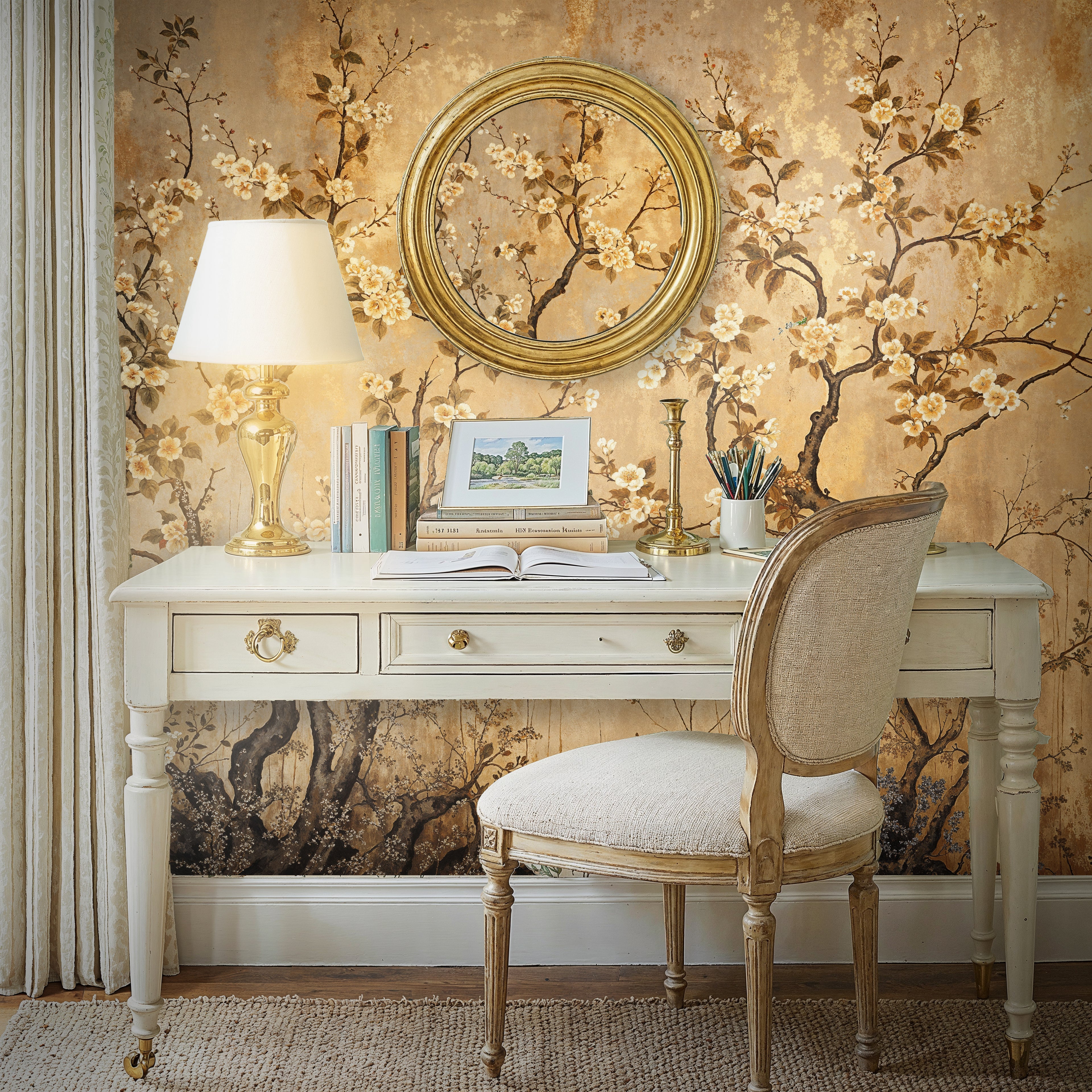 Gold Chinoiserie Cherry Blossom Peel and Stick Wallpaper, Vintage Chinoiserie Floral Wall Mural, Luxury Asian Tree and Flowers Wallpaper